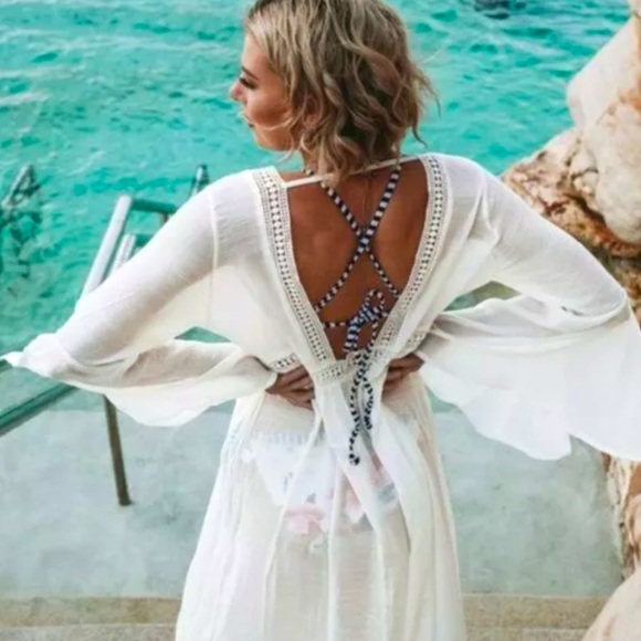 Boho White Lace Kimono Maxi Robe Long Duster New - Picture 9 of 12